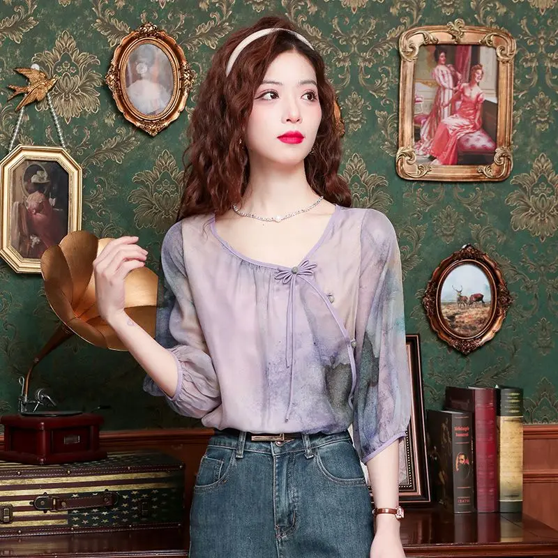 Chemise d'été de Style chinois pour femmes, haut Slim violet et beau tempérament, rajeunissant, nouvelle collection