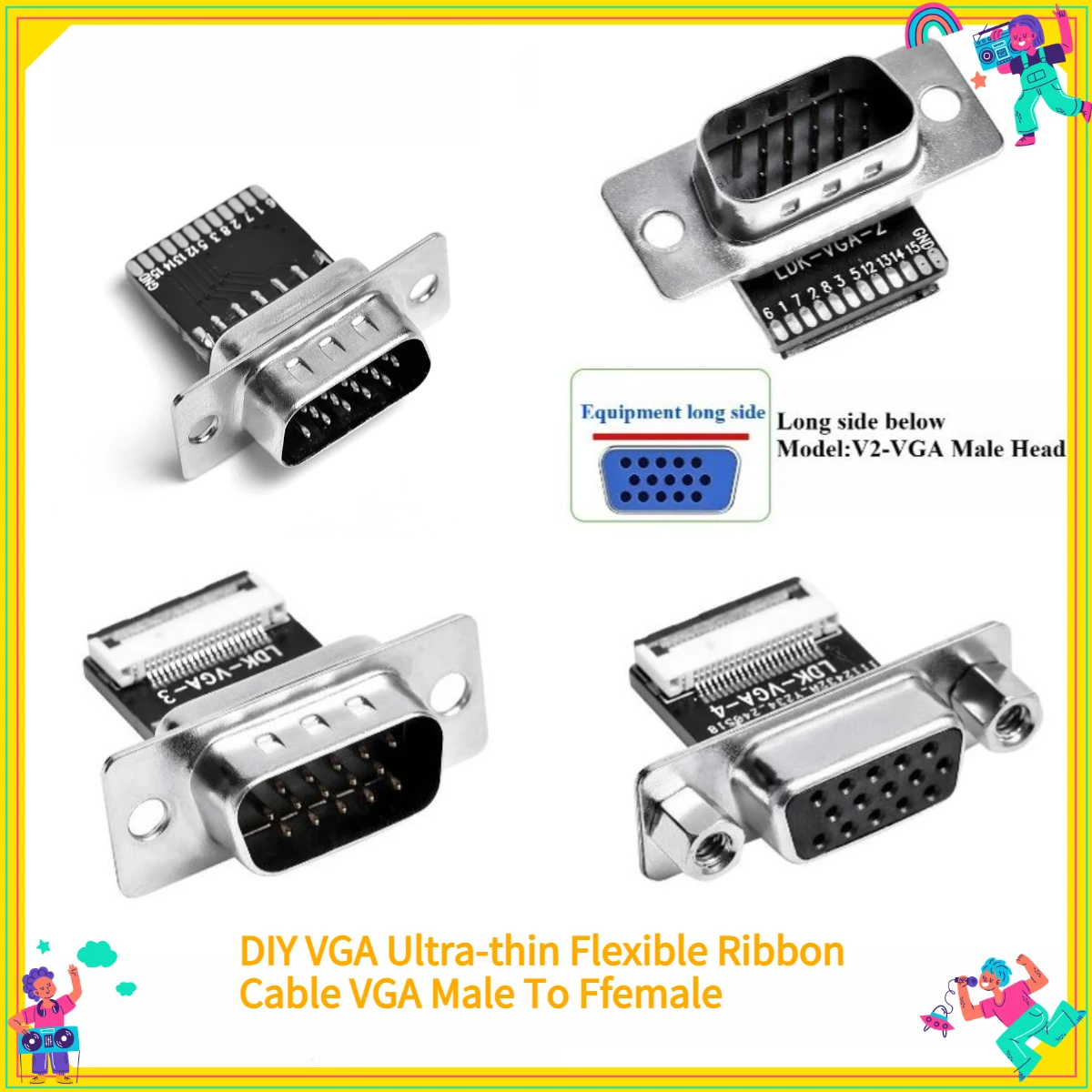 

DIY VGA Ultra-thin Flexible Ribbon Cable VGA Male To Ffemale Plug 90 Degree Right Angle Elbow Computer Connection Monitor Pin