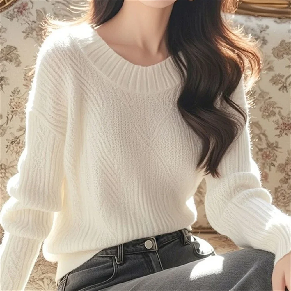 

Women Loose Women's Cashmere Sweater White Vintage Pullover Knitwear Ladies Cashmere Knitted Sweater Female Soft O-neck Sweaters