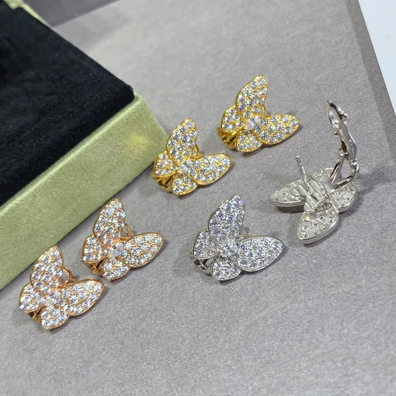

High quality 925 Sterling Silver V Gold Crystal Butterfly Clap earrings women's designer jewelry luxury brand