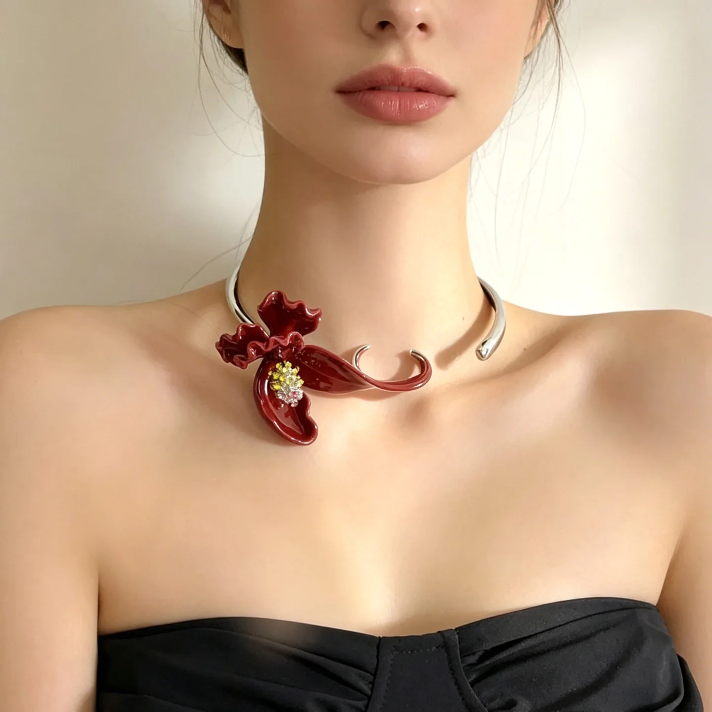 Fashion Black Enamel Orchid Choker Necklace Artistic Metal Collar Flower Collar Jewelry Statement Accessories for Party Women