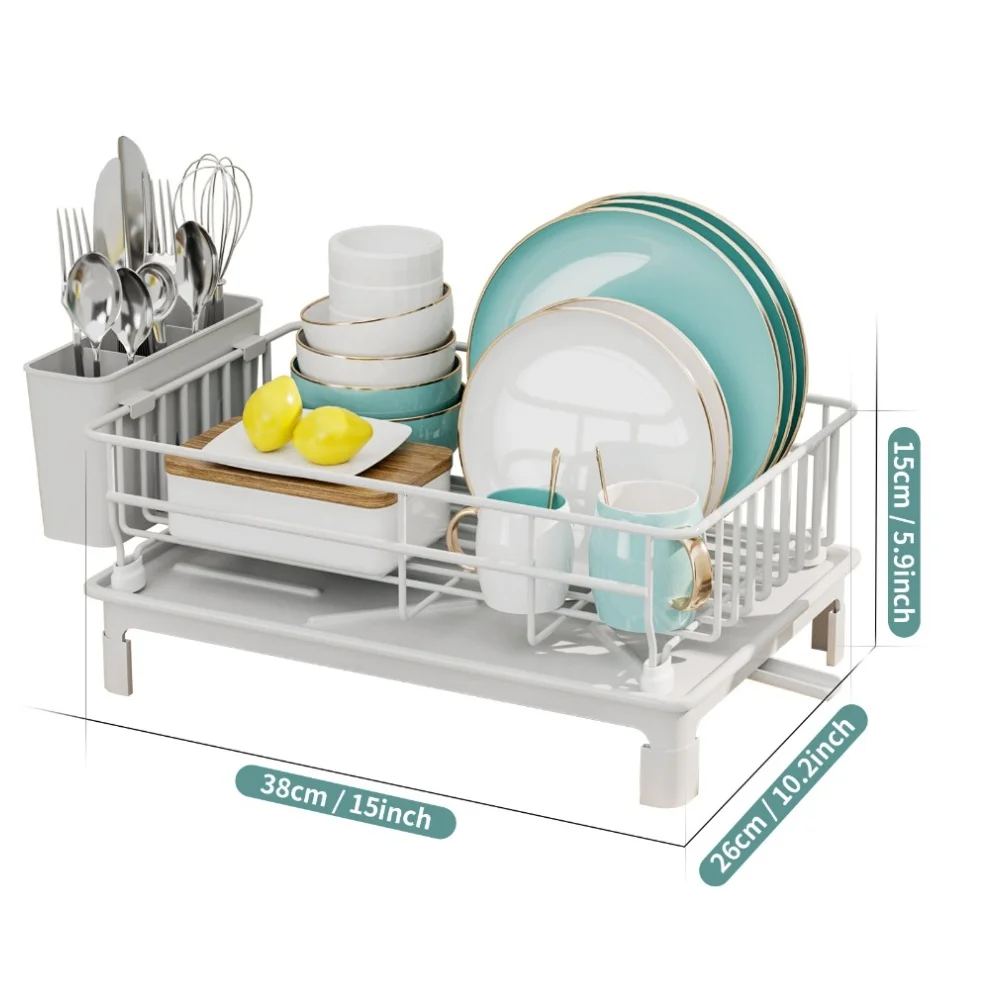 Two tier dish rack for kitchen with utensil storage drainage bottom elevated feet and special slots for knives