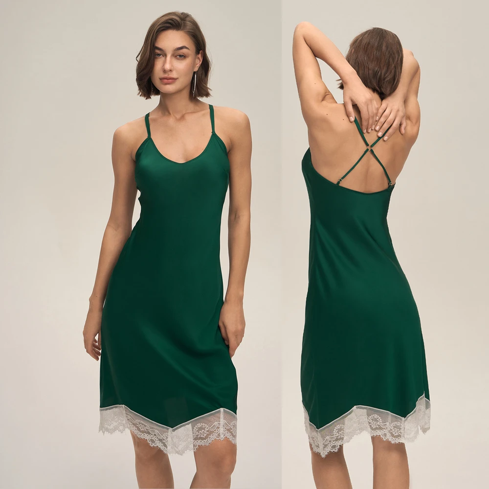 

New Female Spaghetti Strap Nightgown Chemise Sleepwear Intimate Lingerie Sexy Lace Patchwork Nightdress Silky Satin Homewear