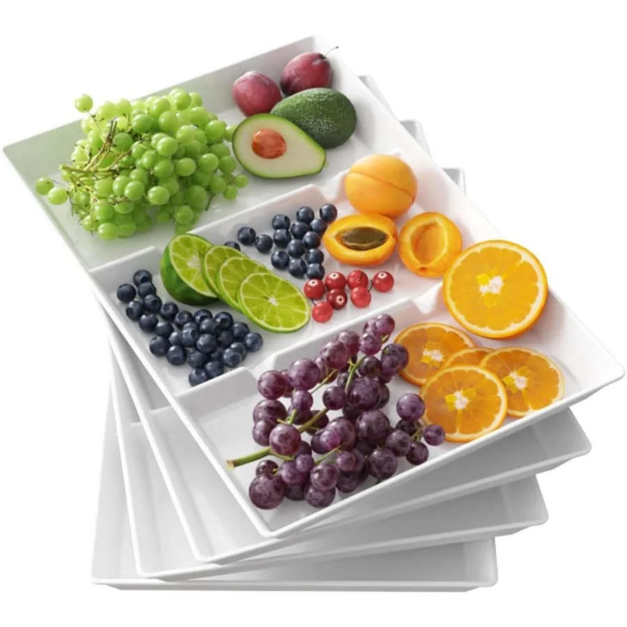 

4Piece Divided Plastic Serving Tray Set for Party Supplies 15 x 10 White Reusable Platters Ideal for Organizing Vegetables Snac
