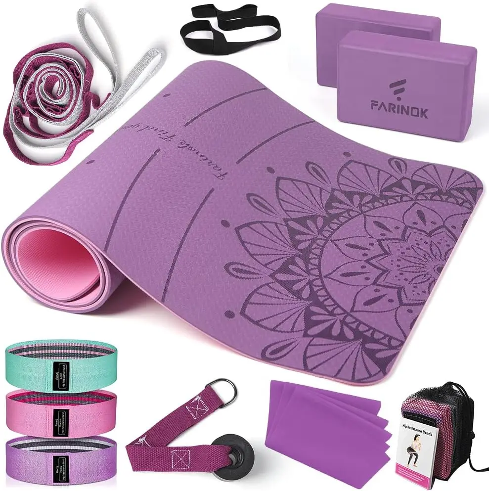

Thick Yoga Mat Set for Beginners with Blocks, Resistance Bands, Strap, Door Anchor & Bag
