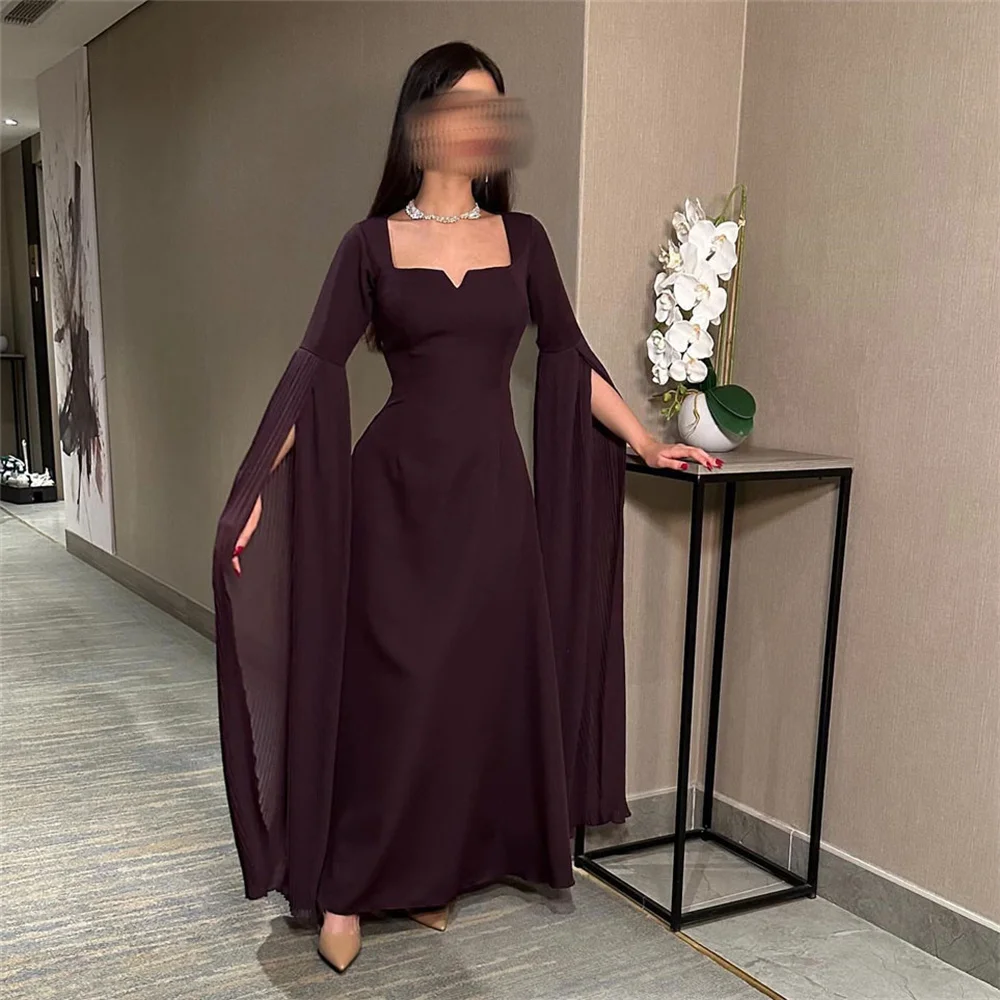 ROYET Simple Style Square Neck Full Sleeve Mermaid Evening Dress For Woman Ankle Length Sweep Train Prom Gown New 2024