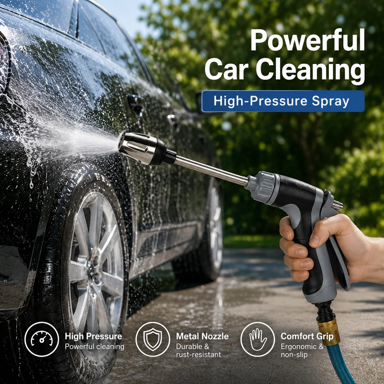 High Pressure Car Wash Water Gun, Alloy Garden Hose Spray Nozzle with Long Pole Rubber Grip for Cleaning Watering