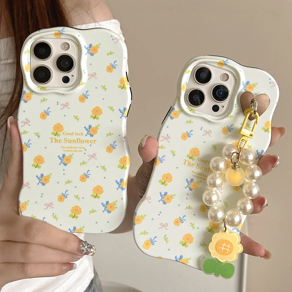 

New INS Floral Print 2 in 1 Wave Shape Phone Case For iPhone 17 16 15 14 13 Pro Max Protective Cover With Yellow Flower Pendant