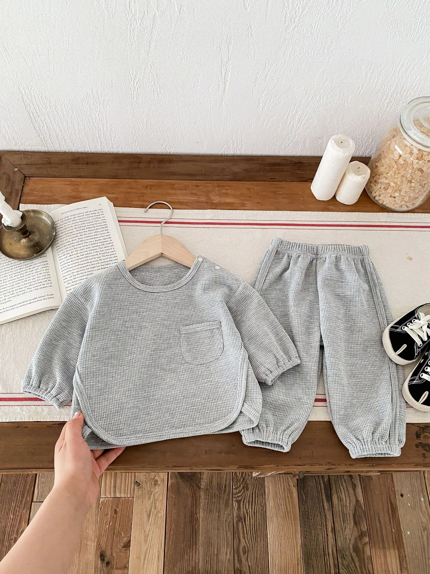 2024 Autumn New Toddler Baby Solid Waffle Set Infant Boy Girl Casual Tops + Pants 2pcs Suit Children Simple Versatile Outfits