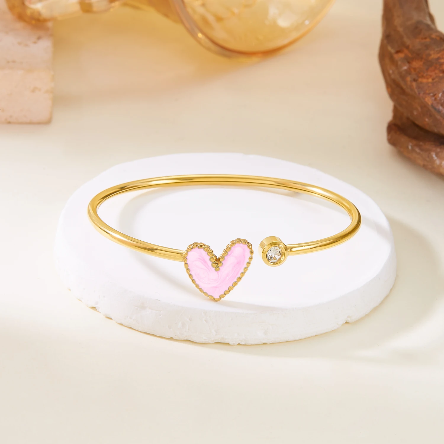 Neue Trendy Vergoldete Einfache Herz Manschette Armreifen für Frauen Hohe Qualität Edelstahl Kristall Armbänder Wasserdicht Schmuck – Detail 16
