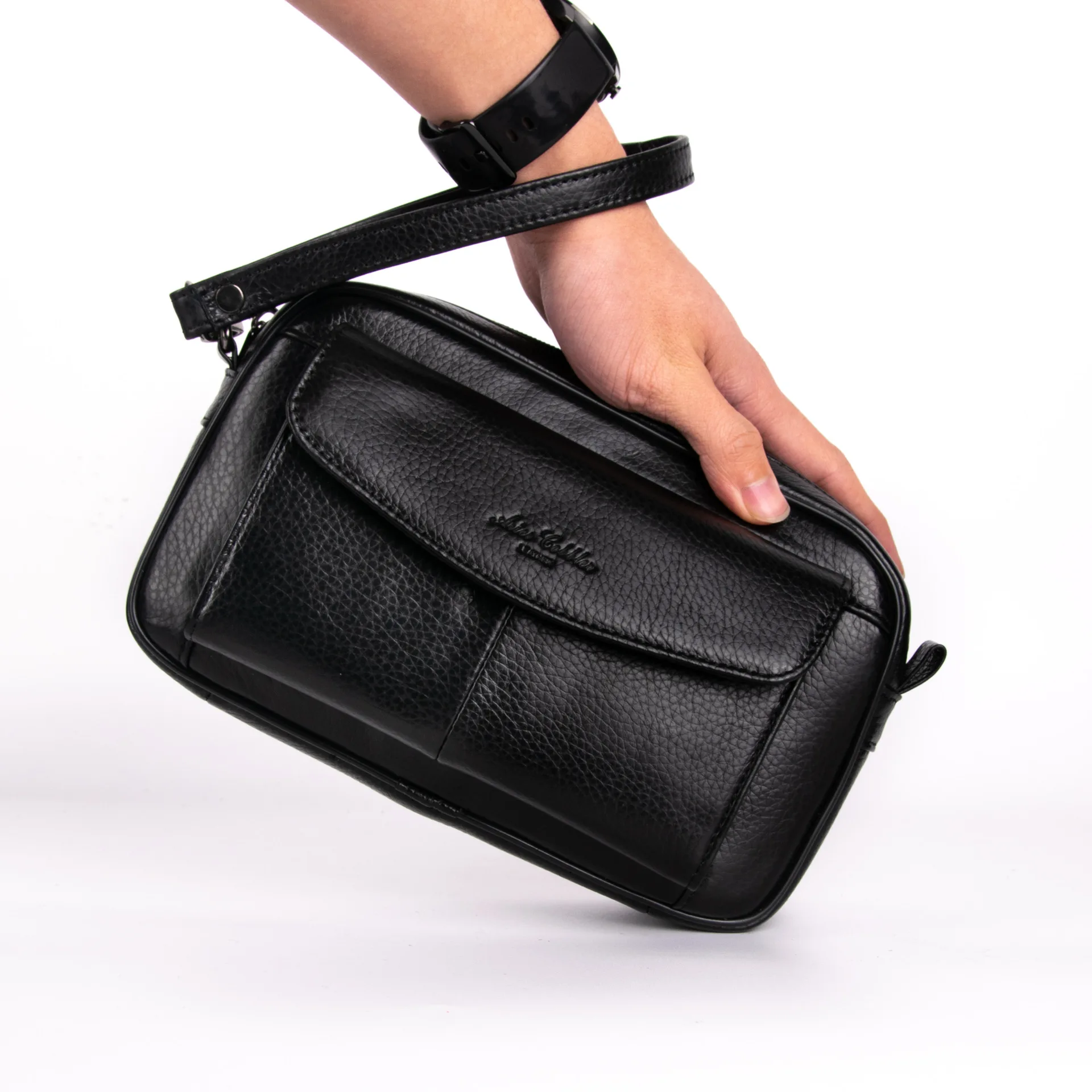 

Business man's genuine leather crossbody handbag with multi-functional phone storage, casual shoulder bag with wrist strap