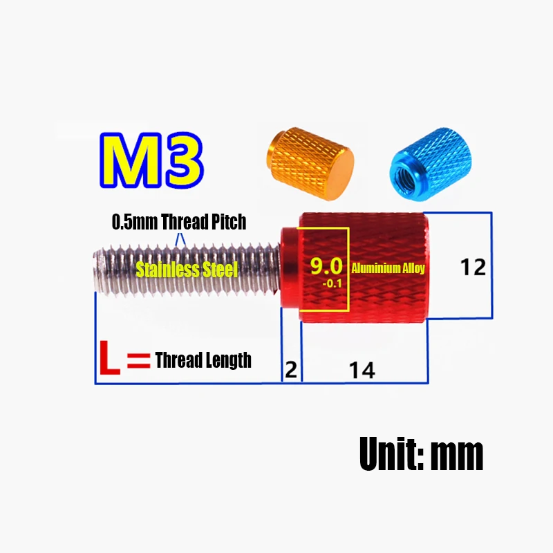 2PCS M3 L=5-100mm Colourful Aluminium Alloy+Stainless Knurled Thumb Screw Hand Grip Knob Bolt Screw Adjust Hand Tighten Screw