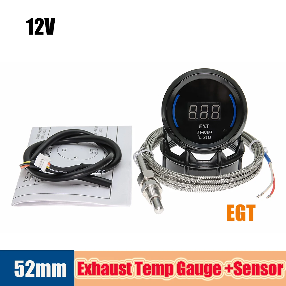 52mm Car EGT Digital Exhaust Temp Gauge with Sensor 1/8NPT Universal Exhaust Gas Temperature Meter 0-1300 Celsius Auto Gauge 12V