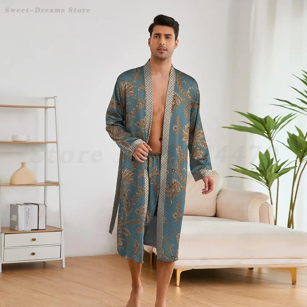 Men\'s Printed Home Wear Long Sleeved Robe Shorts Pajamas Set 2025 Spring Autumn New Sleepwear Silk Satin Nightwear Loungewear