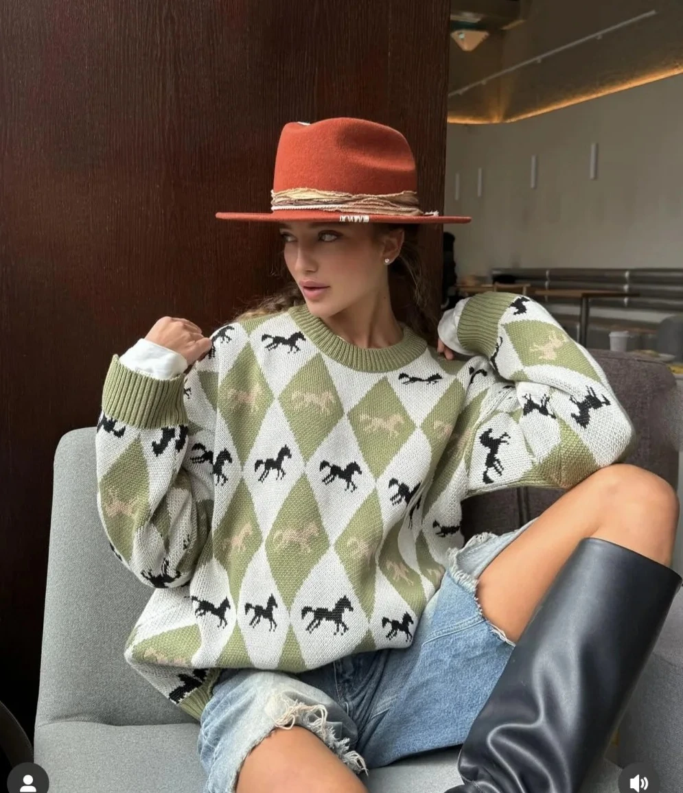 

Женский вязаный свитер осень-зима с длинными рукавами, универсальный жаккардовый топ контрастного цвета для верхней одежды, свитер с круглым вырезом