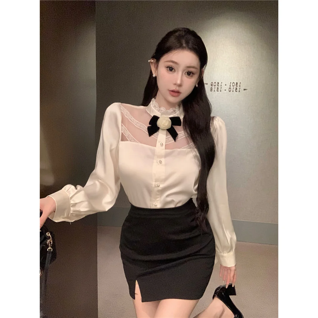 Light Luxury Socialite Style Lace Fungus Edge Chest Flower Long Sleeved Shirt for Women New Season Chic Loose Top