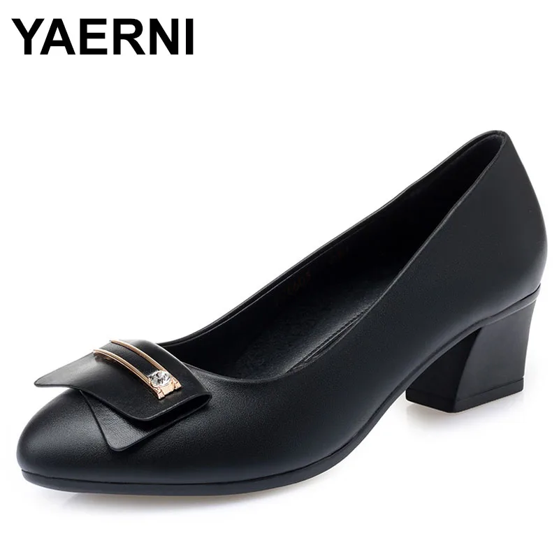 

Top Cowhide Pointed Buckle Women Fashion Shoes Thick Mid Heels Office Work Banquet Shoes Small Size Plus Size 35-42