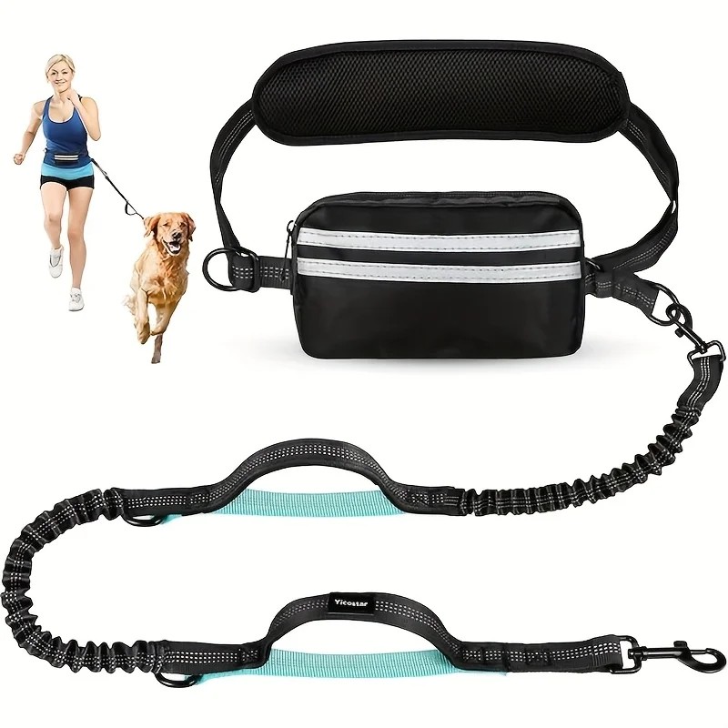 Hands-Free Dog Leash, Waist Bag with Pouch. Padded Handle & Bungee Rope for Walking, Running, Jogging.
