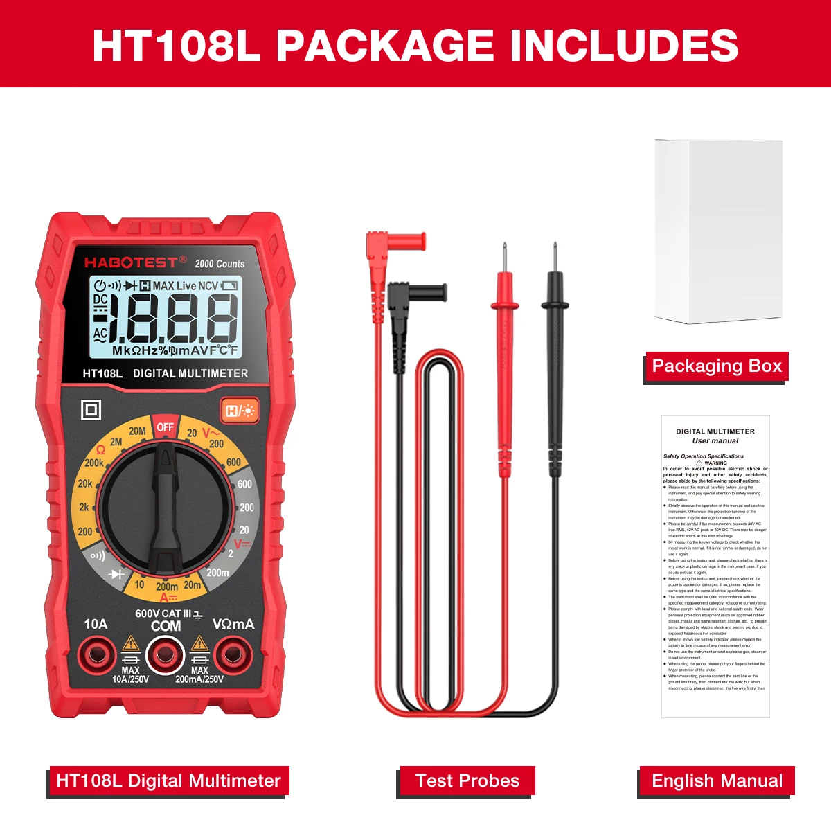 HT108L 2000 Counts Harga Terjangkau 600V Ohm True RMS Rentang Manual Multitester Dasar Meter Listrik Digital Multimeter Alat Ukur