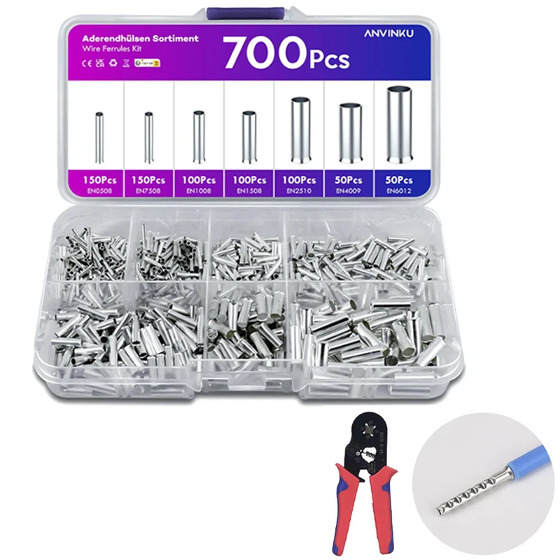 600/700 قطعة حلقات نهاية الأسلاك الأنبوبية العارية حجم المزيج أكمام كابل غير معزولة بسيطة لتوصيل الأسلاك دبوس تجعيد