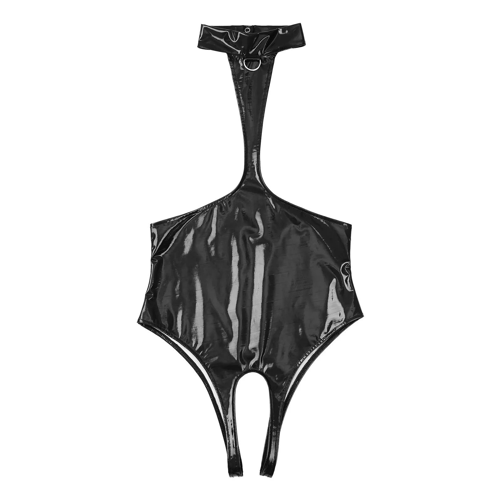 Lingerie da donna effetto bagnato body in pelle verniciata monopezzo aperto petto Halter body Sexy senza maniche Backless Crotchless Catsuit