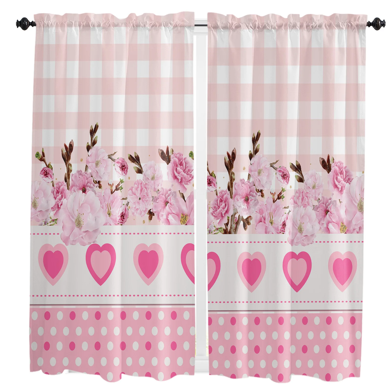 Love Flower Pink Plaid Curtains Home Decor Living Room Kitchen Balcony Room Window Curtain Bedroom Patio Decoration