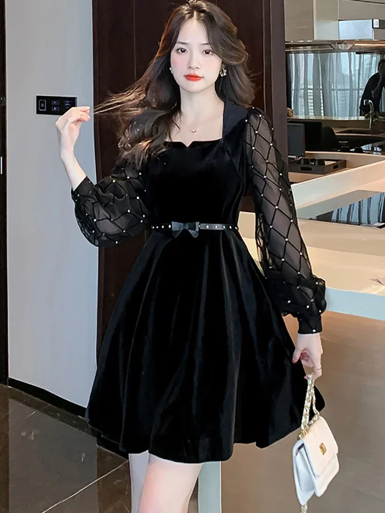 Autumn Winter Black Velvet Patchwrok Mesh Mini Dress Women Chic Bow Bandage Kawaii Dress 2024 Korean Vintage Hepburn Party Dress