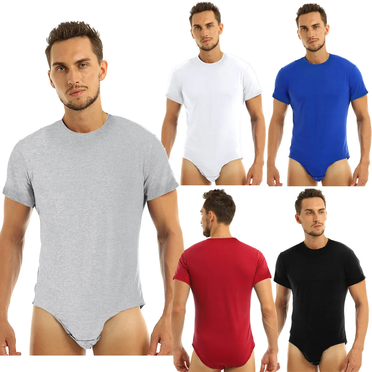 Mens Solid Short Sleeve Buttom Crotch Bodysuit High Cut Thong Leotard Diaper Romper Onesies Pyjama Underwear Sleepwear