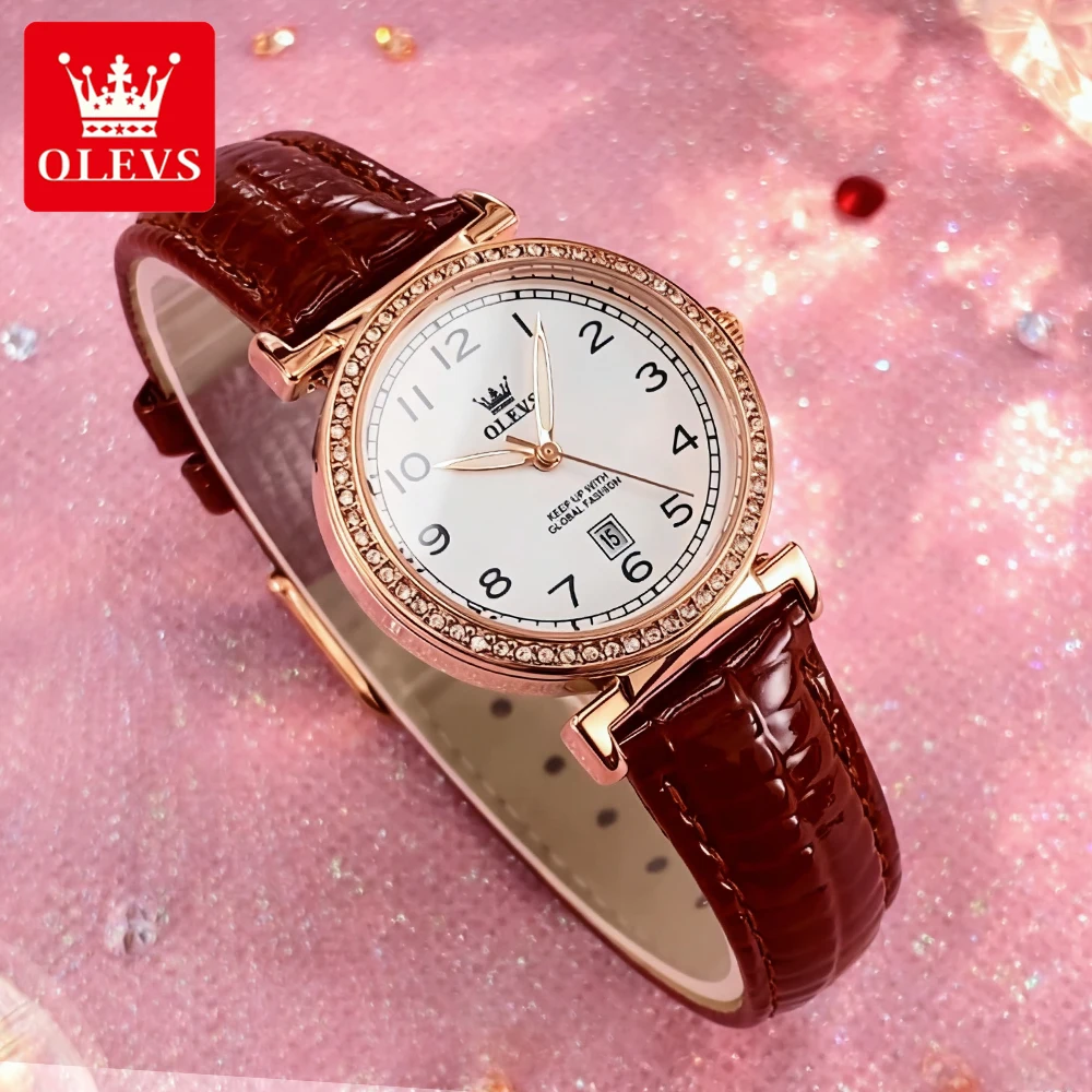 

OLEVS Woman's Watches Casual Fashion Leather Strap Original Brand Quartz Wristwatch for Lady Waterproof Luminous Date New Dress