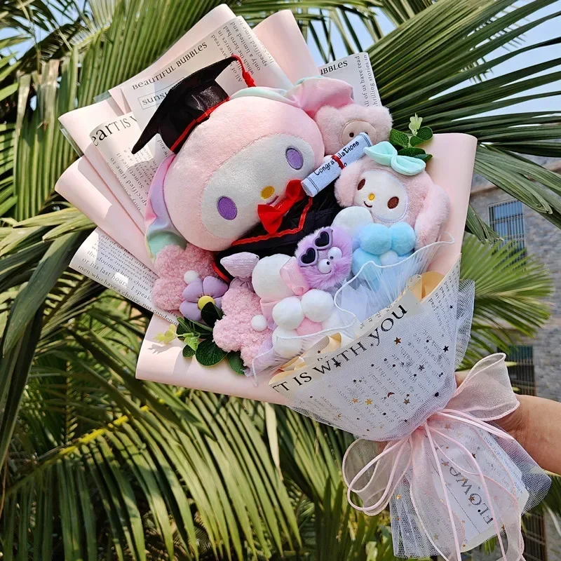 Sanrio Cartoon Bouquet Kuromi Mymelody Plush Doll Flower With Graduation Hats Creative Cute Handmade Girls Graduation Photo Gift