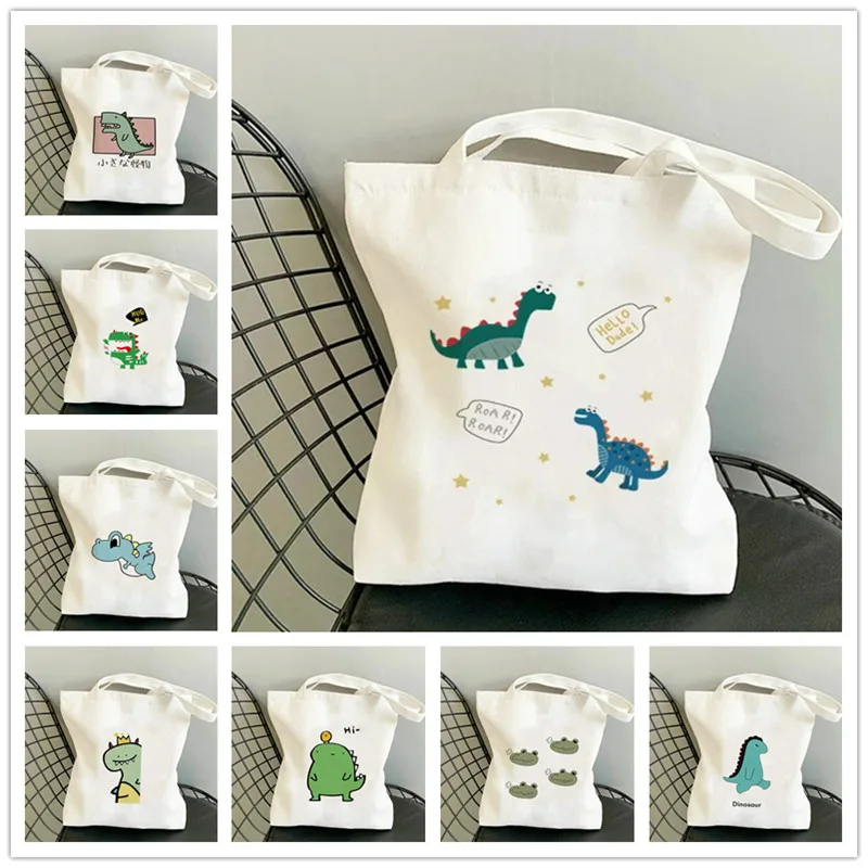 Cartoon Dinosaur Women Shoulder Bags Graphic Harajuku CanvasTote Handbag Large Capacity Shopper Bags No Zipper Eco Girl Handbags