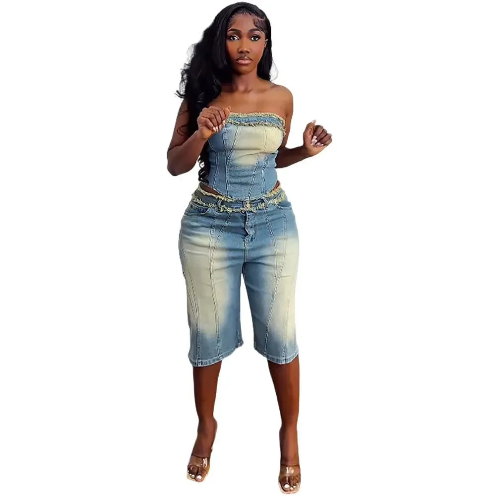 Setelan Denim Wanita Eropa dan Amerika. Atasan Tanpa Tali Berumbai Modis Baru Musim Panas dan Celana Jeans Pendek Pinggang Tinggi untuk Wanita