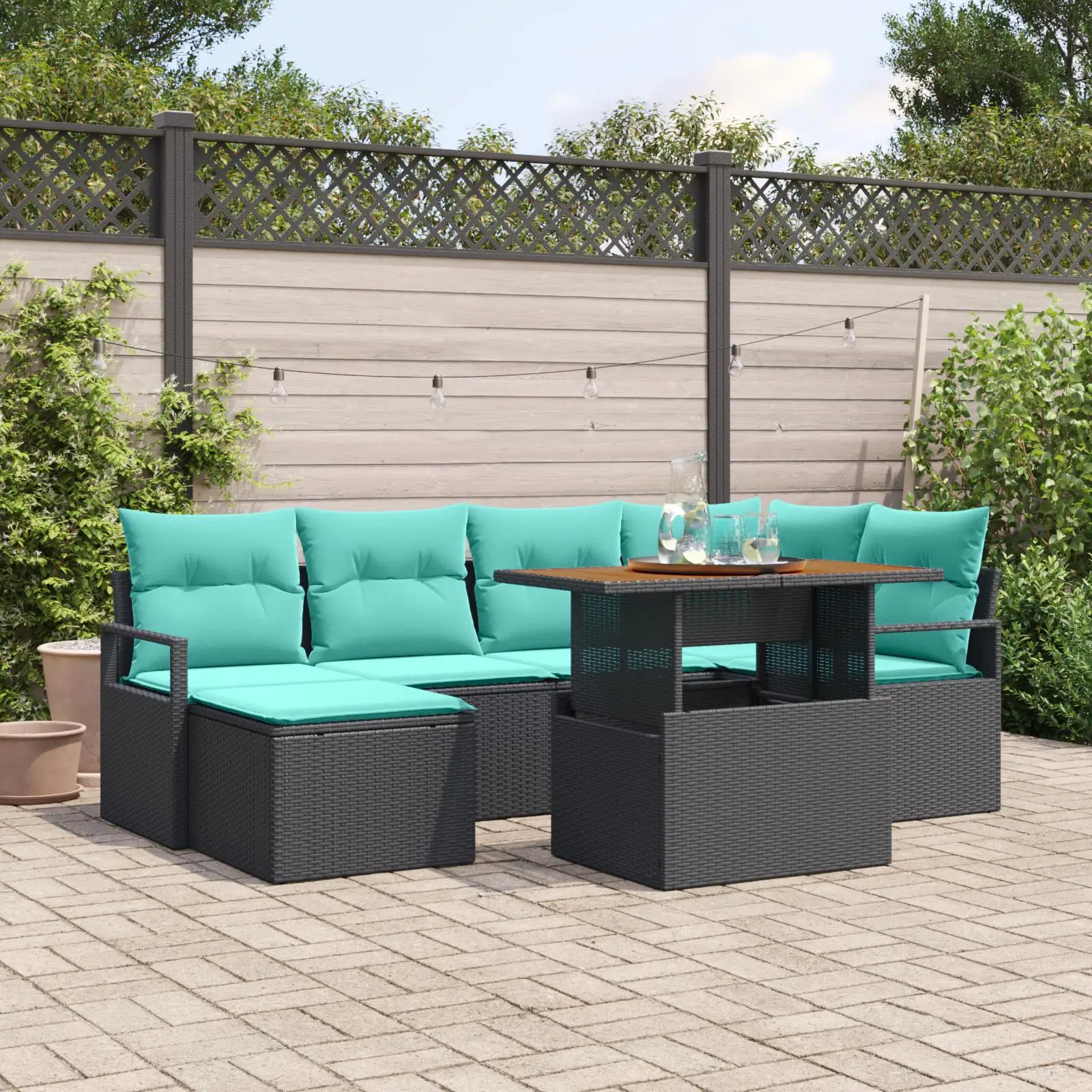 

Stylish 7 Piece Outdoor Garden Sofa Set with Cushions Black Poly Rattan Comfortable Seating for Patio Garden Balcony