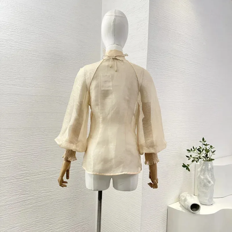 Chemisier femme australie Design de luxe élégant Beige manches longues fleurs appliquées voir à travers les hauts
