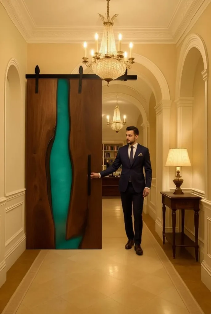 Handmade Solid Walnut Wood Door with Live Edge High-Quality Blue Epoxy Resin River Sliding Barn Door