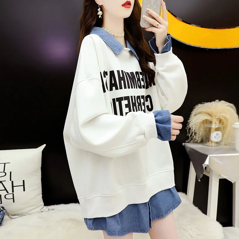 Spring Autumn New Patchwork Letter Print Sweatshirts Long Sleeve Fake Two Piece Oversized T-shirt Casual Fashion Women Clothing