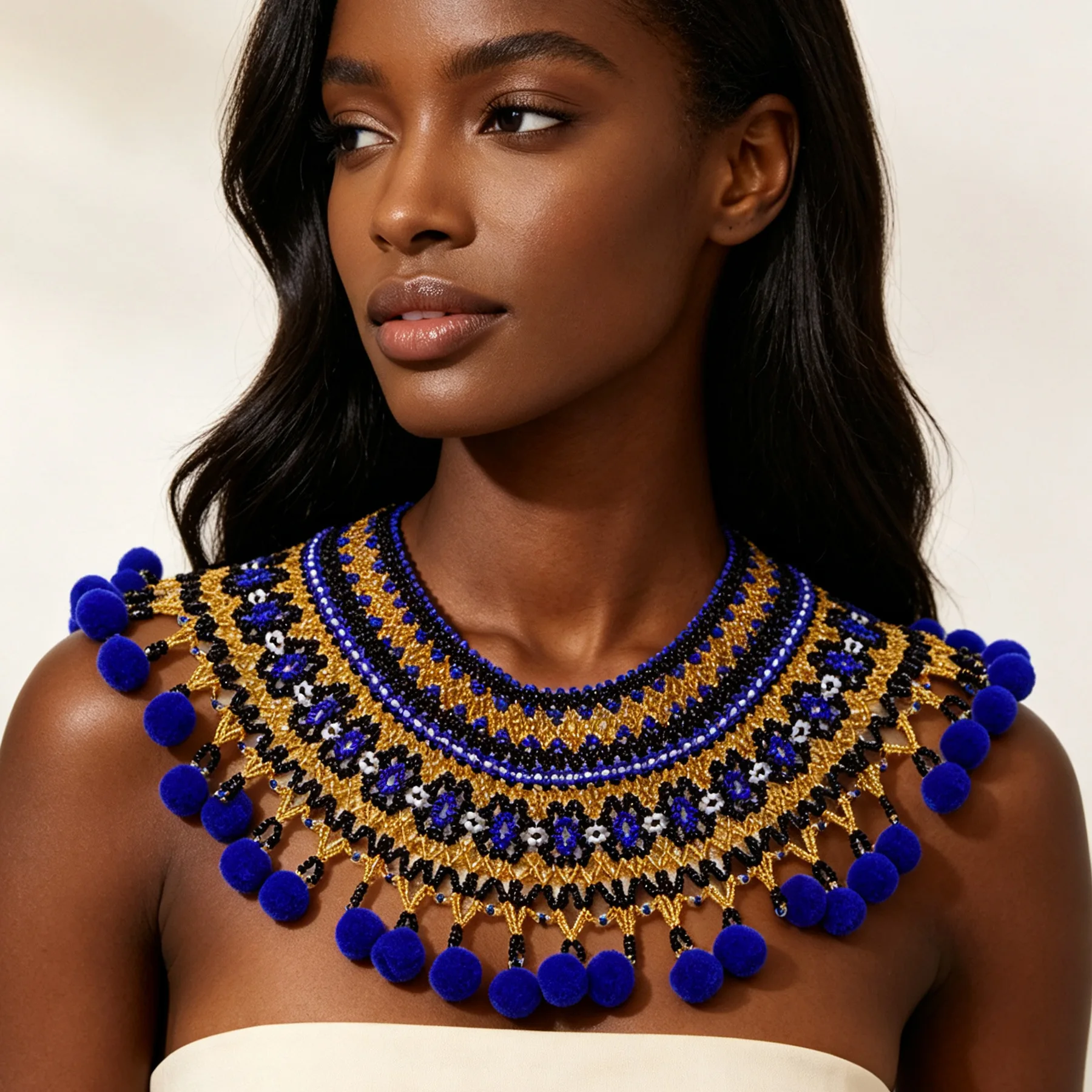 African-style Women Ethnic Shoulder Pompom Ball Rice-bead Zulu Necklace Bohemian Fashion Hand-woven Collar Shawl Necklace