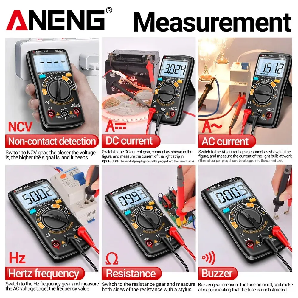 ANENG AL01 인덕턴스 디지털 멀티미터, 6000 카운트 True-RMS AC/DC 전압 계량기 전류 테스터, 전문 전기 도구