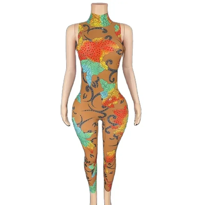 フルラインストーンプリントジャンプスーツノースリーブダイヤモンドゴーゴーダンサー衣装女性ジャズ衣装ステージショーフェスティバル服 XS6385
