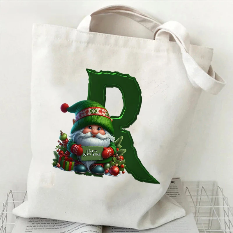 موضة A-Z 26 رسالة حقائب النساء الأخضر سانتا كلوز الرسم قماش حمل حقيبة تسوق حقائب كتف سعة كبيرة