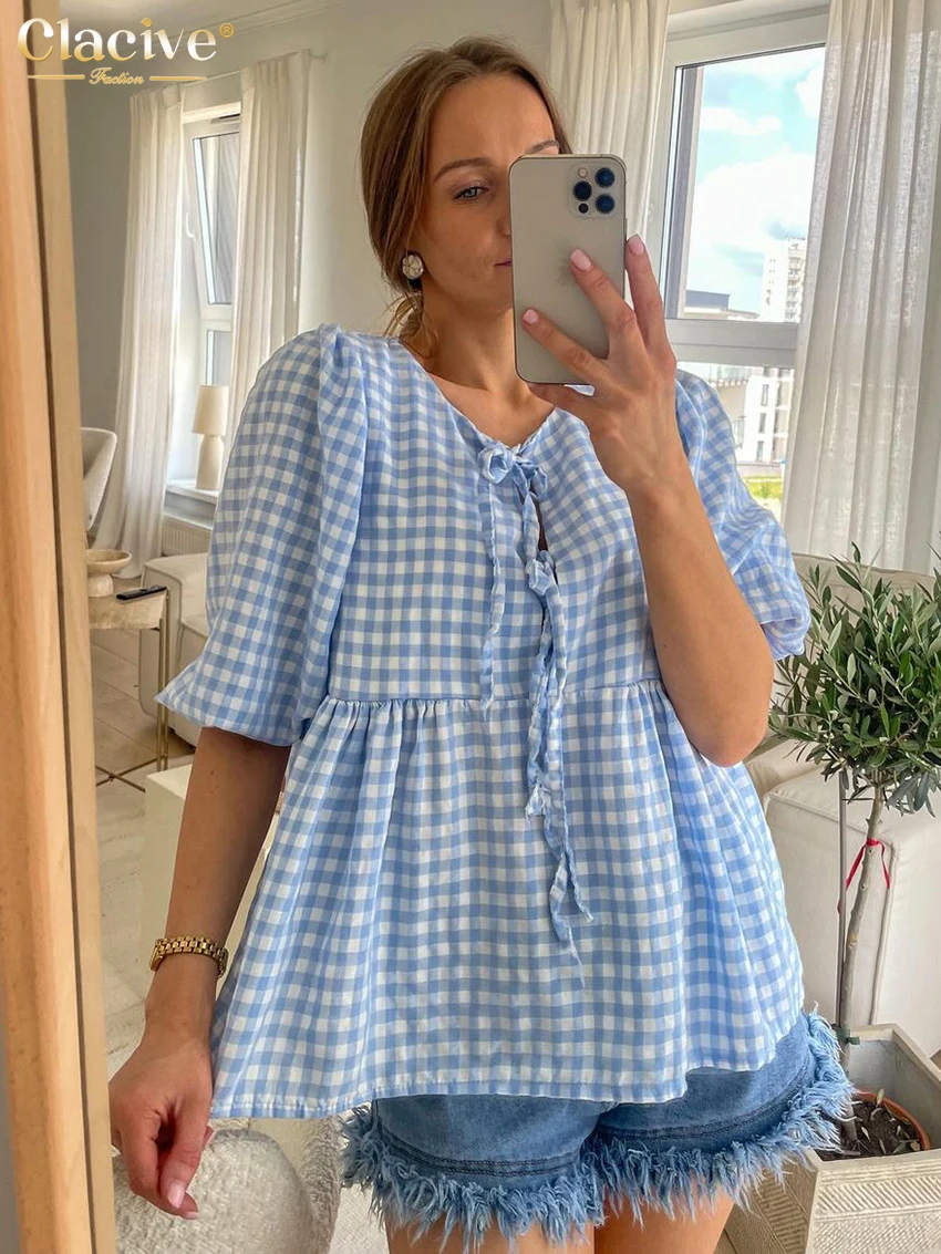 

Clacive Fashion Loose Blue Plaid Women Shirt 2025 Summer V-Neck Short Sleeve Shirts Elegant Classic Lace-Up Tops Female Clothing