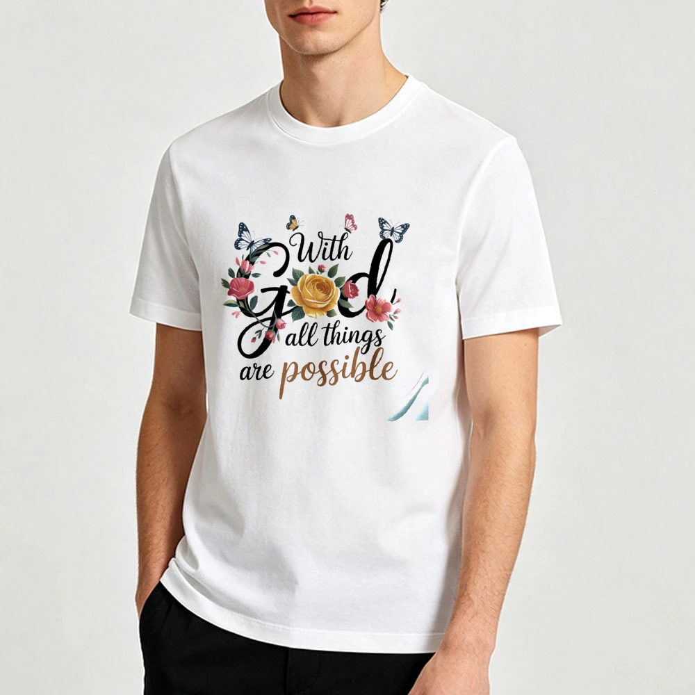Watercolor Rose Butterfly With God All Things Are Possible Script Men T Shirt Christian Inspirational Floral Tee