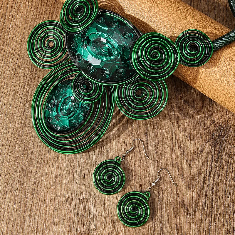 UDDEIN Handmade Weave Aluminum Wire Big Gem Necklace & Pendant Vintage Jewelry Sets Party Collar Earrings Set