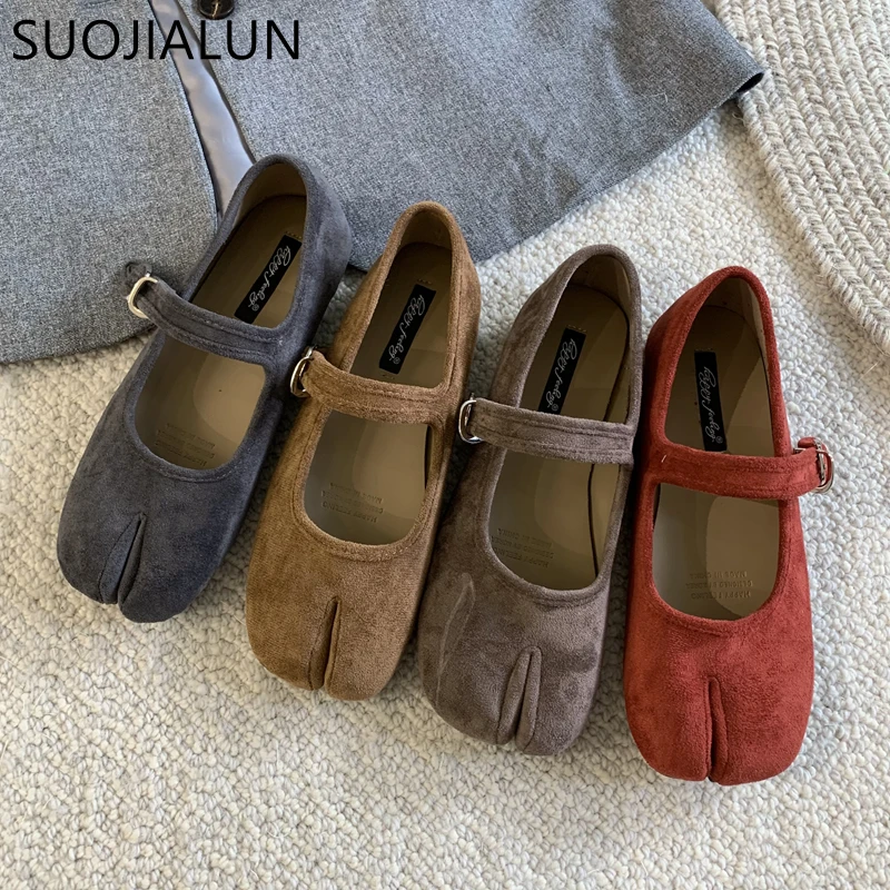 SUOJIALUN Autumn Women Flat Shoes Fashion Split Toe Slip On Loafer Shoes Flat Heel Soft Leather Casual Outdoor Shallow Ballerina