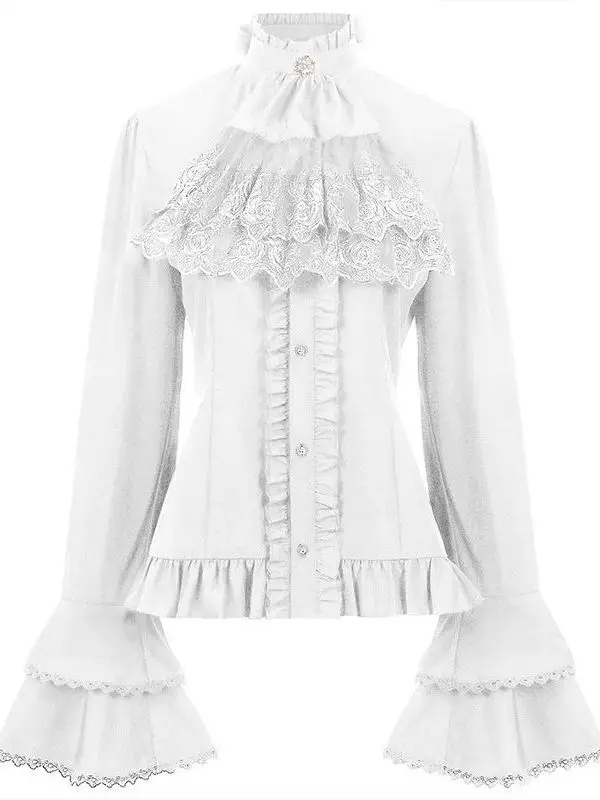 

Patchwork Stand up Collar Ruffle Top Women's Breathable Polyester Fiber U-Neck Printed Shirt European Style Casual Wear