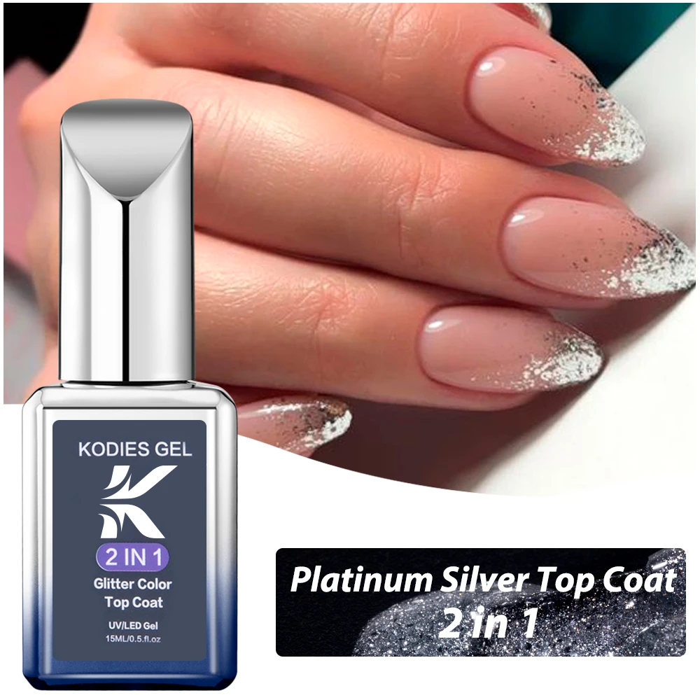 KODIES GEL Platinum Silver Glitter Top Coat Nails Gel Polish 15ML Semi Permanent UV Sparkle Shine Manicure Nail Salon Gel Finish