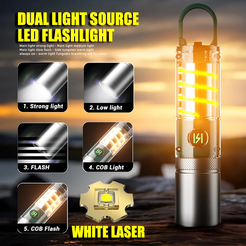 New Powerful LED Flashlight Tungsten Filament Side Lamp Built-in Battery Type-C Charging Torch Outdoor Portable Camping Lantern