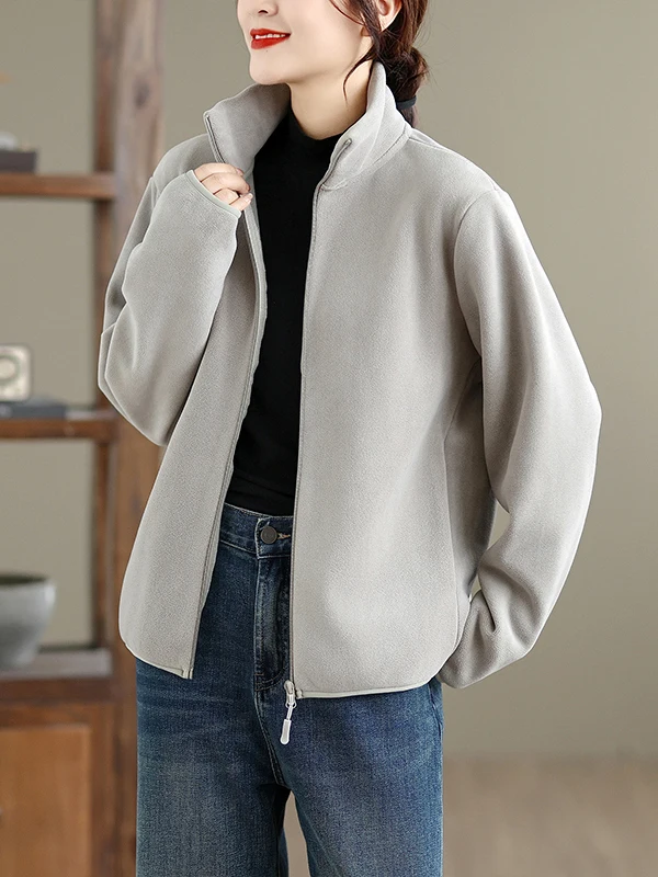 Thickened Fleece Zipper Hoodie Jacket Women's Stylish Warm Sporty Style Base Layer Coat Home Use Pure Color Polyester Fiber