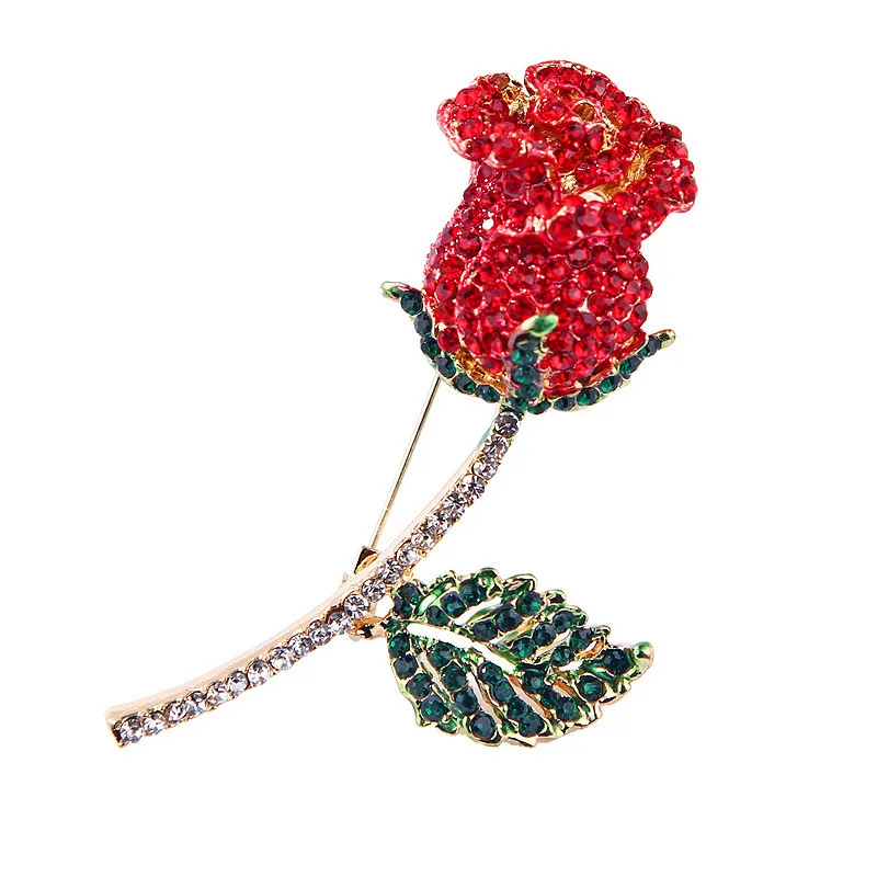 Fashion Flower Brooch Pin Rhinestone Red Rose Brooches for Women Men Suit Bride Crystal Jewelry Clothes Accessories Pins Gifts