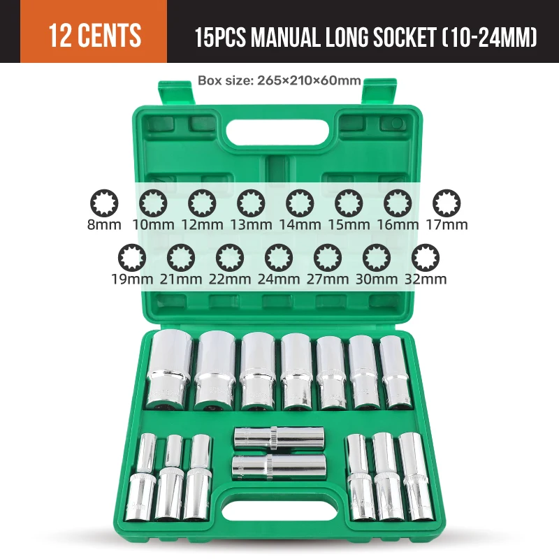 Hi-Spec 20 قطعة 1/2 '' -12.5 مللي متر 12 نقطة تمديد سداسية 20 قطعة بت مجموعة مقابس من مآخذ طويلة يدوية مع مفتاح ربط 1/2 بوصة